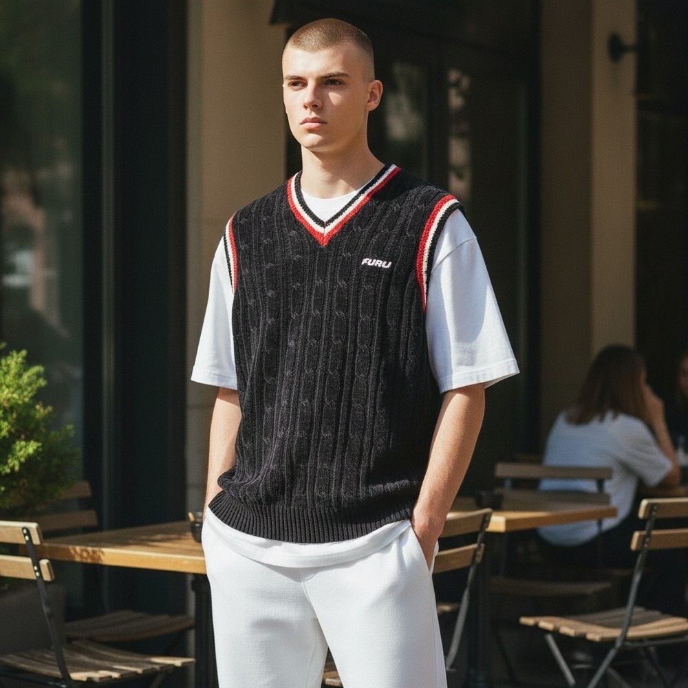 VTG FUBU Black‎ Chenille Cable Knit V-Neck Sweater Vest Mens Size XL NEW Y2K